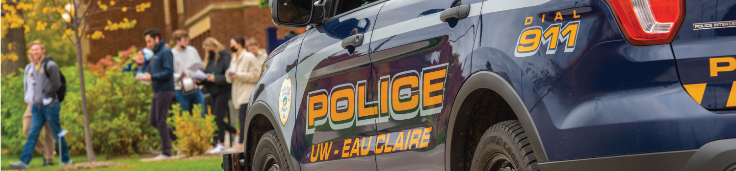 Close-up view of a campus police car at UW-Eau Claire